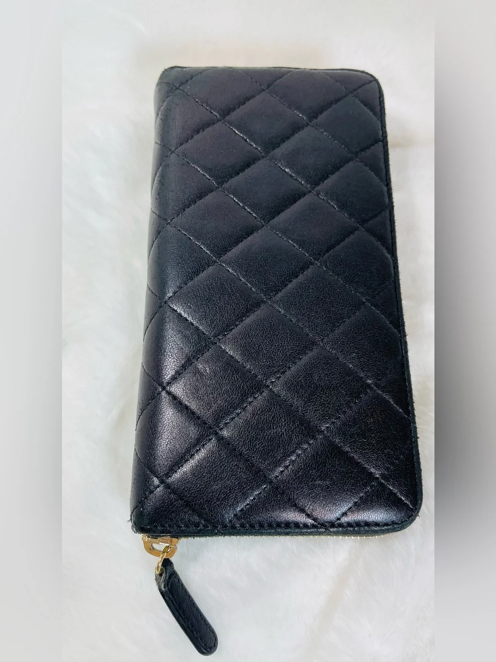 Chanel Authentic Quilted Black Leather Zip Wallet with Gold Chain Accent